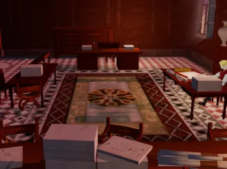 A dimly lit wooden study with a desk, chairs and a patterned rug